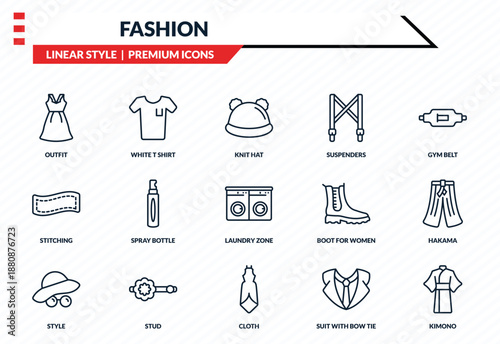 fashion icons set - outfit, white t shirt, stitching, cloth, kimono outline vector collection.