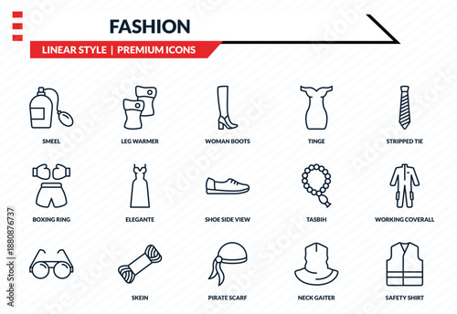 fashion icons set - smeel, leg warmer, boxing ring, pirate scarf, safety shirt outline vector collection.