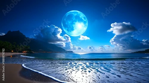 Serene nighttime beach scene with full moon rising over calm ocean waves