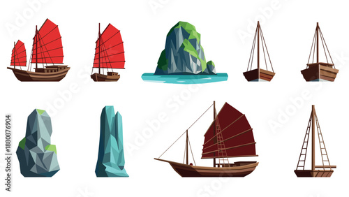 Low poly traditional asian boats and rock formations with vibrant red sails