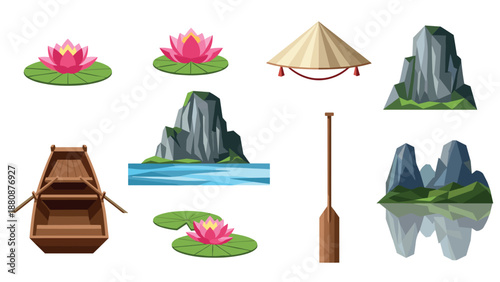 Vietnamese elements: lotus, hat, boat, rock formations in flat design