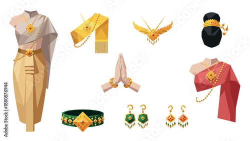 Traditional southeast asian culture and fashion design elements in modern flat style