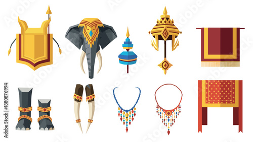 Traditional asian artifacts collection: jewelry, headdresses, and cultural elements in geometric style