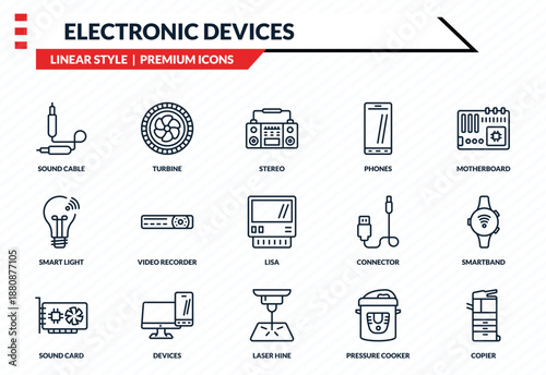 electronic devices icons set - sound cable, turbine, smart light, laser hine, copier outline vector collection.