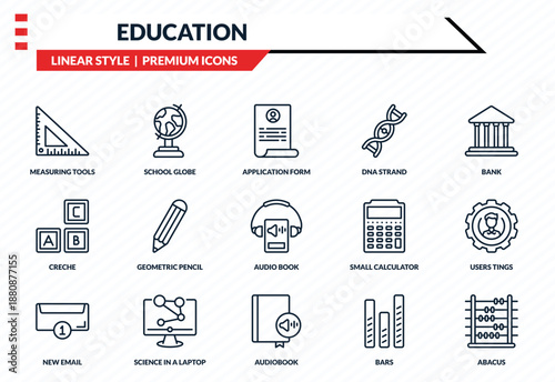 education icons set - measuring tools, school globe, creche, audiobook, abacus outline vector collection.