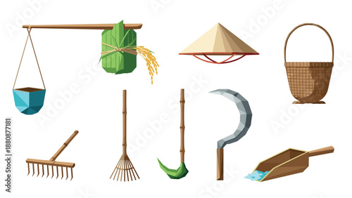 Traditional farming equipment and tools in geometric art style