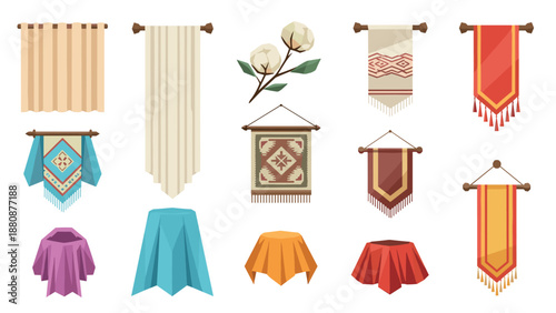 Collection of decorative textile wall hangings and table covers