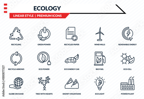 ecology icons set - recycling, green power, recycle arrows, snowy mountains, power plant outline vector collection.