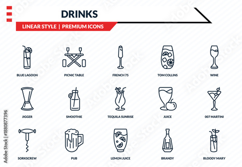 drinks icons set - blue lagoon, picnic table, jigger, lemon juice, bloody mary outline vector collection.