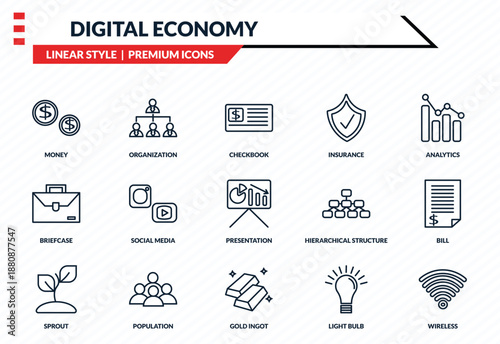digital economy icons set - money, organization, briefcase, gold ingot, wireless outline vector collection.