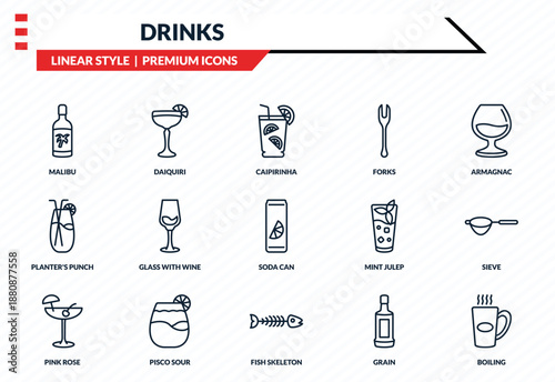 drinks icons set - malibu, daiquiri, planter's punch, fish skeleton, boiling outline vector collection.