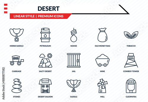 desert icons set - horse saddle, petroleum, carriage, saddle, cleopatra outline vector collection.