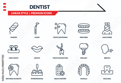 dentist icons set - tampon, filler, fake tooth, health report, occlusal outline vector collection.