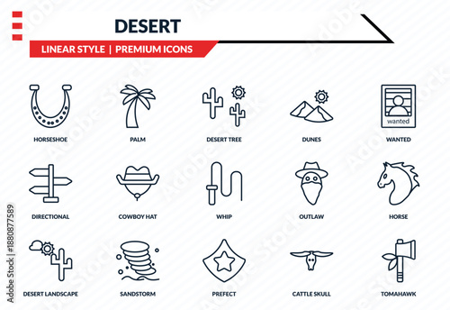 desert icons set - horseshoe, palm, directional, prefect, tomahawk outline vector collection.