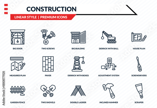 construction icons set - big door, two screws, measures plan, double ladder, scraper outline vector collection.