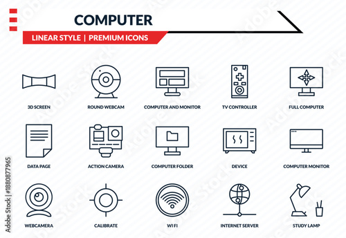 computer icons set - 3d screen, round webcam, data page, wi fi, study lamp outline vector collection.