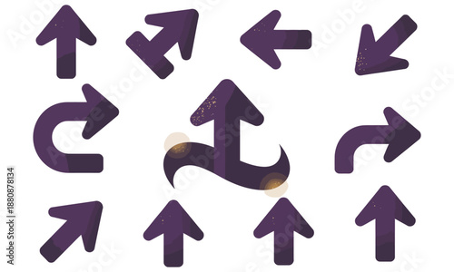 Collection of various purple arrows pointing different directions on transparent background