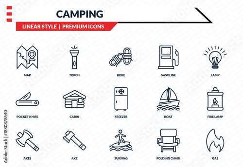 camping icons set - map, torch, pocket knife, surfing, gas outline vector collection.