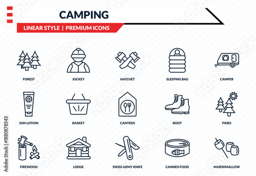camping icons set - forest, jockey, sun lotion, swiss army knife, marshmallow outline vector collection.