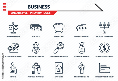 business icons set - scale in balance, euro bills, man with solutions, club card, horizontal bar chart outline vector collection.
