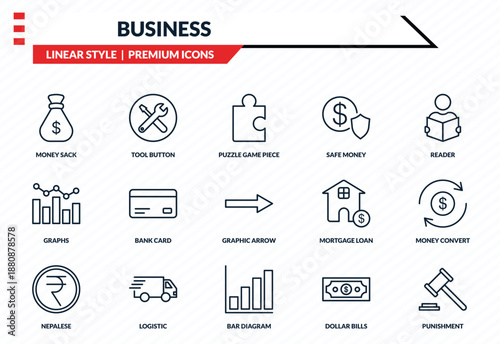 business icons set - money sack, tool button, graphs, bar diagram, punishment outline vector collection.