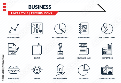 business icons set - graphic chart, tones, , home insurance, journalist id card outline vector collection.