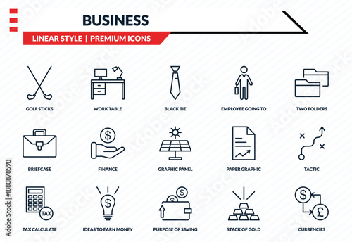 business icons set - golf sticks, work table, briefcase, purpose of saving money, currencies outline vector collection.