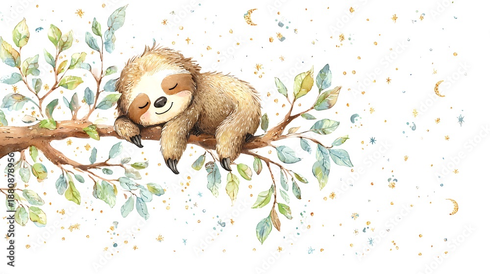 Naklejka premium Watercolor Illustration Cute Baby Sloth Sleeping on Tree Branch Watercolor Illustration. Whimsical Nursery Art and Wildlife Concept. Sleeping sloth on a tree branch with a celestial pastel background.