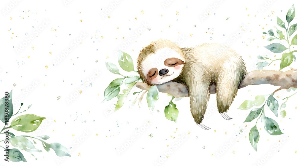 Fototapeta premium Watercolor Illustration Cute Baby Sloth Sleeping on Tree Branch Watercolor Illustration. Whimsical Nursery Art and Wildlife Concept. Sleeping sloth on a tree branch with a celestial pastel background.
