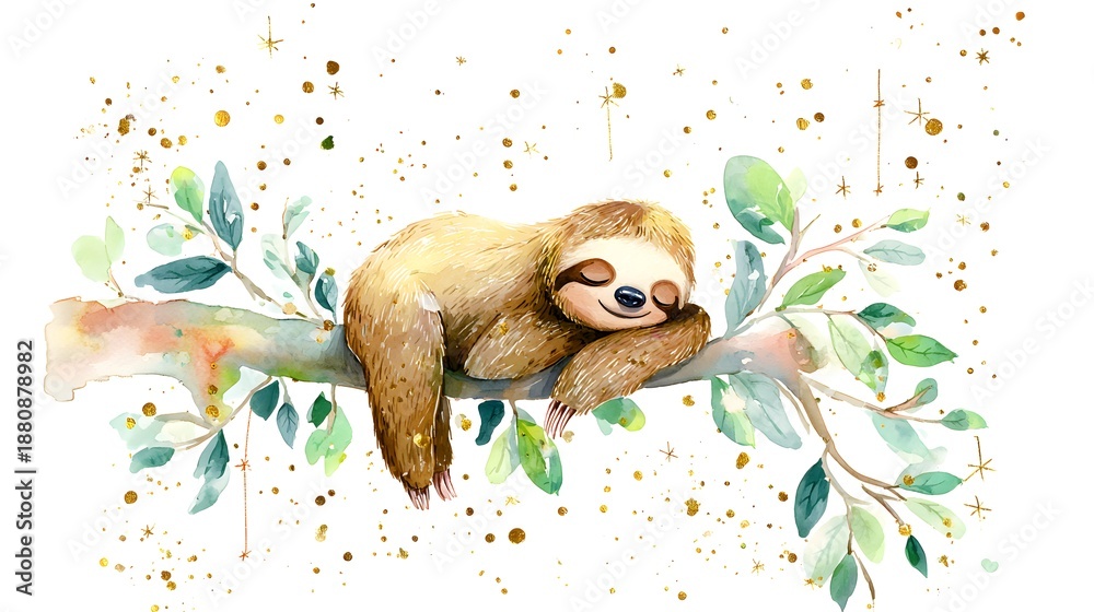 Naklejka premium Watercolor Illustration Cute Baby Sloth Sleeping on Tree Branch Watercolor Illustration. Whimsical Nursery Art and Wildlife Concept. Sleeping sloth on a tree branch with a celestial pastel background.