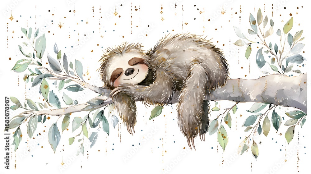 Fototapeta premium Watercolor Illustration Cute Baby Sloth Sleeping on Tree Branch Watercolor Illustration. Whimsical Nursery Art and Wildlife Concept. Sleeping sloth on a tree branch with a celestial pastel background.