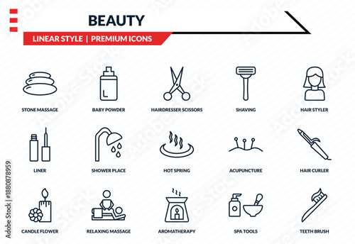 beauty icons set - stone massage, baby powder, liner, aromatherapy, teeth brush outline vector collection.