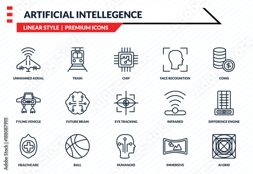 artificial intellegence icons set - unmanned aerial vehicle, train, fyling vehicle, humanoid, ai grid outline vector collection.