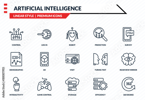 artificial intelligence icons set - control, log in, demographic, storage, 360 degree outline vector collection.