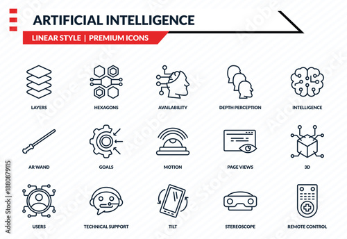 artificial intelligence icons set - layers, hexagons, ar wand, tilt, remote control outline vector collection.