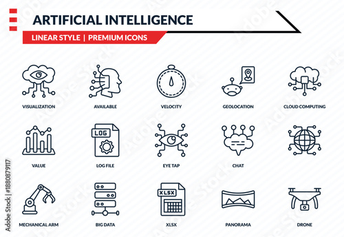 artificial intelligence icons set - visualization, available, value, xlsx, drone outline vector collection.
