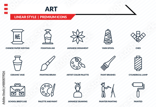 art icons set - chinese paper writing, fountain jar, ceramic vase, japanese drawing, painted outline vector collection.