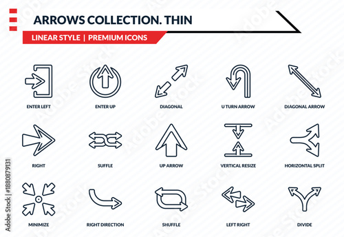 arrows collection. thin icons set - enter left, enter up, right, shuffle, divide outline vector collection.