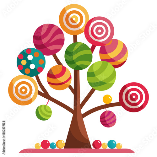 Vector illustration of a tree decorated with various chocolates and lollipops
