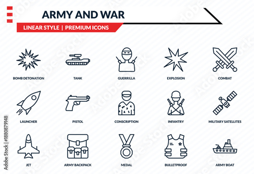 army and war icons set - bomb detonation, tank, launcher, medal, army boat outline vector collection.