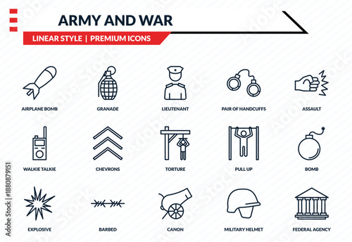 army and war icons set - airplane bomb, granade, walkie talkie, canon, federal agency outline vector collection.