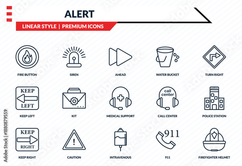 alert icons set - fire button, siren, keep left, intravenous, firefighter helmet outline vector collection.