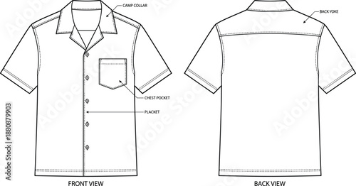 Camp collar shirt, chest pocket, button placket, back yoke, fashion sketch, garment blueprint, technical drawing, flat vector illustration