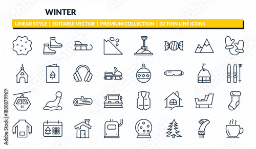 winter icons set - snow ball, snowshoes, sledge, winter scarf, hot drink outline vector collection.