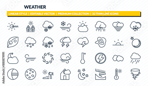 weather icons set - foggy day, daytime, snowy, warm, tornado outline vector collection.