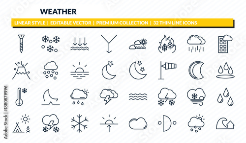 weather icons set - bolt, snowing, atmospheric pressure, sprinkle weather, tsunami outline vector collection.