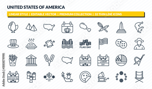united states of america icons set - eagle, pyramid, america, thanksgiving ornament, director chair outline vector collection.