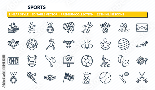 sports icons set - ice skates, skating, weight lifting medal, home run, medieval fencing outline vector collection.