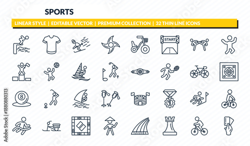 sports icons set - swimming jump, short sleeves, skiing, bicycle rider, amonestation outline vector collection.
