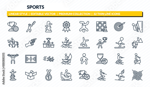 sports icons set - golf champion, bats man, wing chun, skiing down hill, fishing net outline vector collection.